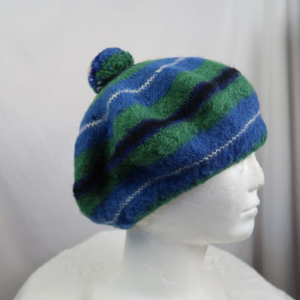 Vintage Ancient Douglas Blue and Green Stripe Wool Beret Hat Bobble Scottish - Picture 4 of 8